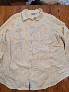 Joan Rivers Womens Corduroy Snap Front Shirt Ivory 1X Long Sleeve Casual Pockets